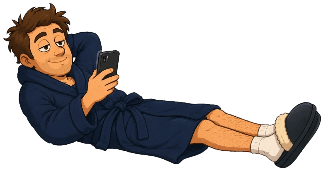 A dad flopped on the couch in his bathrobe, scrolling his phone