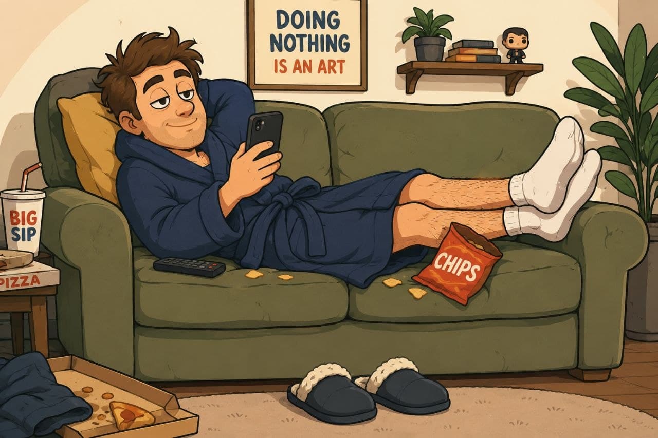 A tired dad in a navy bathrobe lounging on the couch, scrolling his phone, with chips, a big drink and a pizza box nearby and a 'Doing nothing is an art' poster on the wall.