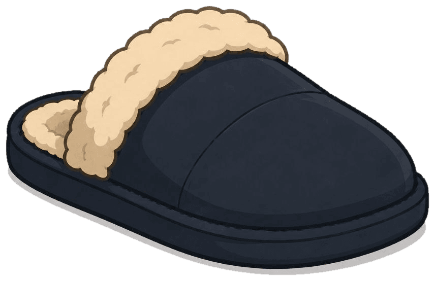 A cozy dark house slipper with a fuzzy cream collar